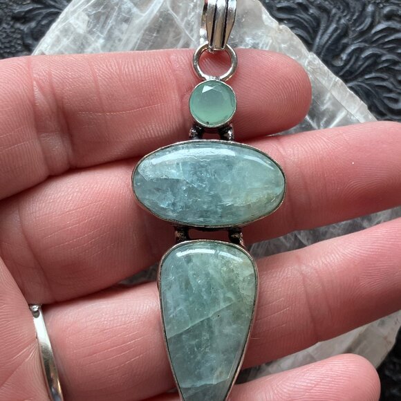 Faceted Chalcedony Over Natural Aquamarine Pendant Crystal Stone Jewelry - Picture 6 of 7